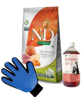 Farmina N&D Pumpkin Grain Free canine BOAR AND APPLE ADULT MEDIUM & MAXI 12kg & LAB V Lososový olej pre psov a mačky 1000ml + Rukavica na česanie srsti psov a mačiek ZADARMO!