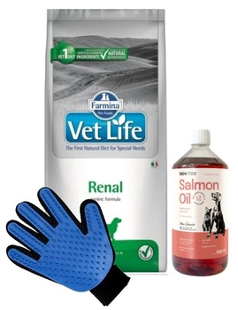 FARMINA Vet Life Dog Renal 12kg & LAB V Lososový olej pre psov a mačky 1000ml + Rukavica na česanie srsti psov a mačiek ZADARMO!
