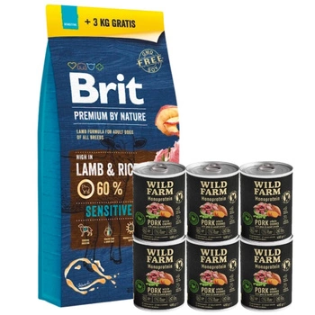 BRIT Premium By Nature Sensitive Lamb 15 kg + 3 kg & Wild Farm Monoprotein Pork 6x400g hypoalergénne krmivo pre psov