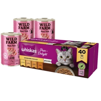WHISKAS Adult sáčky 40 x 85 g Hydinové hranolky - vlhké krmivo pre dospelé mačky, v želé (kúsky s: kuracím, morčacím, hydinovým, kačacím mäsom) & WILD FARM Paštéta s jahňacím mäsom 3x400g - bezlepkové krmivo pre mačky