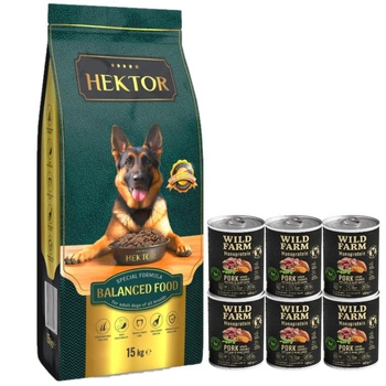 HEKTOR BALANCED Dospelý psík 15 kg a monoproteínové bravčové mäso z divokej farmy 6x400g hypoalergénne krmivo