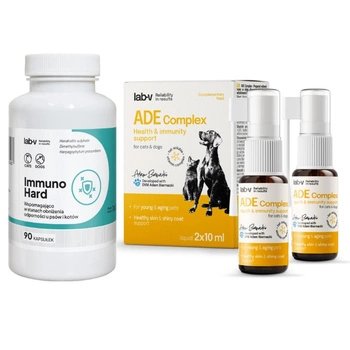 Lab-v ADE Complex – Komplex vitamínov A, D a E vo forme spreja pre psov a mačky 2 x 10 ml & LAB-V Immuno Hard – Posilnenie imunity pre psov a mačky 90 kapsúl