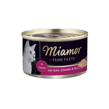 Miamor Feine Filets in želé - mokré krmivo pre mačky s kuracím mäsom, šunkou a ryžou 100g konzerva