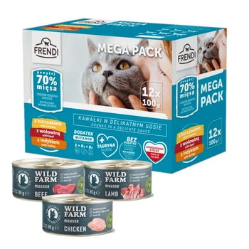 Kapsičky pre mačky Frendi (kuracie/hovädzie/morčacie) 12x100g + pena WILD FARM Mix príchutí 3x85g