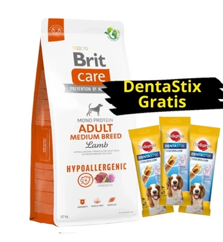 BRIT CARE Dog Hypoallergenic Adult Medium Breed Lamb 12kg + 3x DentaStix ZADARMO