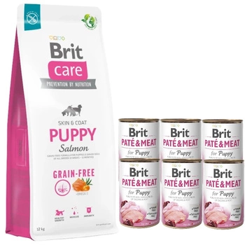 BRIT CARE Dog Grain-free Puppy Salmon 12kg & Brit Paté & Meat Puppy 6x400 g