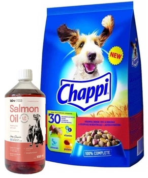 Chappi s hovädzím a hydinovým mäsom 9 kg & LAB V Lososový olej pre psov a mačky 1000ml
