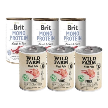 BRIT MONO PROTEIN LAMB & BROWN RICE 3x400g & WILD FARM Bravčová paštéta 3x400g bezlepkové krmivo pre psov