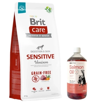 BRIT CARE Grain-free Sensitive Venison 12kg & LAB V Lososový olej pre psov a mačky 1000ml