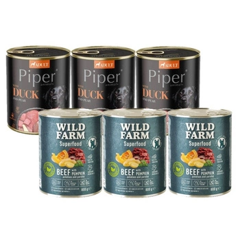 DOLINA NOTECI Piper pre psy s kačkou a hruškou 3x800g & WILD FARM Superfood Beef 3x800g krmivo pre psov bez obilnín
