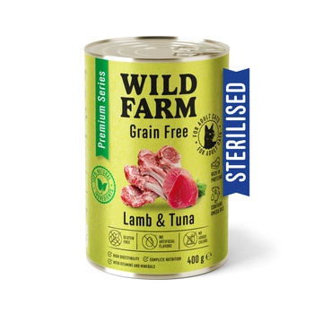 WILD FARM Prémiové bezobilné jahňacie a tuniakové krmivo 400 g - bezobilné krmivo pre sterilizované mačky
