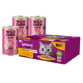 WHISKAS Adult sáčok 80 x 85 g Hydinové kúsky - vlhké krmivo pre dospelé mačky v želé (kúsky s: kuracím, kačacím, hydinovým, morčacím mäsom) & WILD FARM Paštéta s jahňacím mäsom 3x400g - bezlepkové krmivo pre mačky