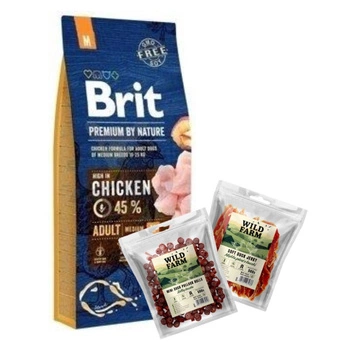 BRIT Premium By Nature Adult M 15kg & WILD FARM 2x500g psie maškrty mix príchutí
