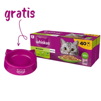 WHISKAS Adult sáčky 40 x 85 g Zmiešané príchute - vlhké krmivo pre dospelé mačky v želé (rezy s: hovädzím mäsom, kuracím mäsom, lososom, tuniakom) + MISKA PRE KOČKY GRATIS
