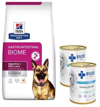 HILL'S PD Prescription Diet Canine Gastrointestinal Biome 10kg & ENZO VET Hypoalergénne hypoalergénne krmivo s morkou pre psov 2x400g