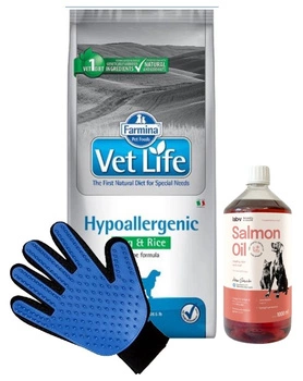 FARMINA Vet Life DOG Hypo Egg & Rice - 12 kg & LAB V Lososový olej pre psov a mačky 1000ml + Rukavica na česanie srsti psov a mačiek ZADARMO!