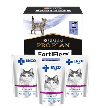 Purina VD Feline FortiFlora 30 x 1 g + 3x ENZO VET Sterilizovaná strava pre sterilizované mačky s morčacím mäsom v želé 100g