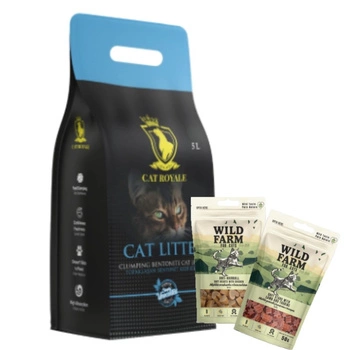 Cat Royale Prírodný bentonitový štrk 5l & WILD FARM MIX OF FLAVORS 2x50g maškrta pre mačky