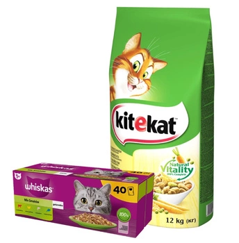 KITEKAT s kuracím mäsom a zeleninou 12 kg & WHISKAS Sáčky pre dospelých 40 x 85 g Mix príchutí