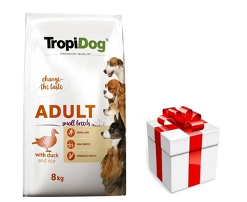 TROPIDOG Premium Adult Small Breeds s kačkou a ryžou 8kg + Prekvapenie pre vášho psa ZDARMA