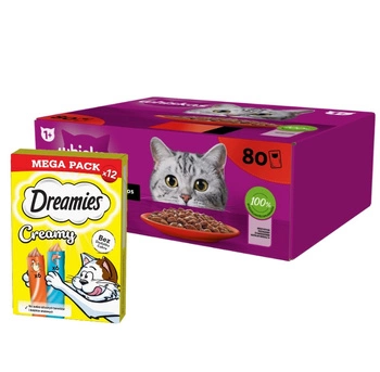Whiskas klasický výběr ve šťávě pro dospělé kočky 80 x 85 g & DREAMIES Krémové s kuracím mäsom a lososom 12x10g