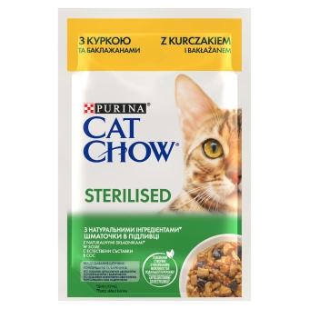 CAT CHOW Sterilizované krmivo pre mačky s kuracím mäsom a baklažánom v omáčke 85g