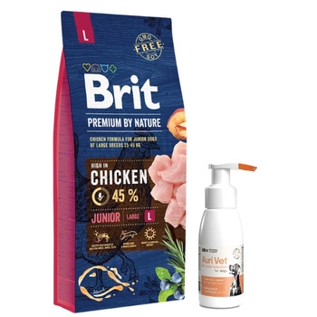 BRIT Premium By Nature Junior L 15kg & prípravok na starostlivosť o uši pre psov 75 ml