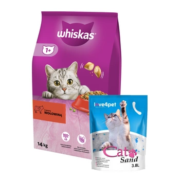Whiskas Adult s hovädzím mäsom 14 kg + Cat Sand 3,8l