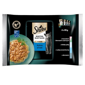 SHEBA Selection Select Slices Fish Flavours Sachets 4x85 g - vlhké kompletné krmivo pre dospelé mačky, v omáčke (kúsky s: lososom a treskou čiernou, bielou rybou, oceánskou rybou, treskou)