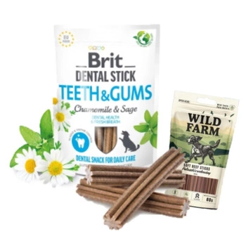Brit Dog Dental Stick Teeth & Gums with Chamomile & Sage 3x251 g & WILD FARM hovädzie tyčinky 3x80g psie maškrty