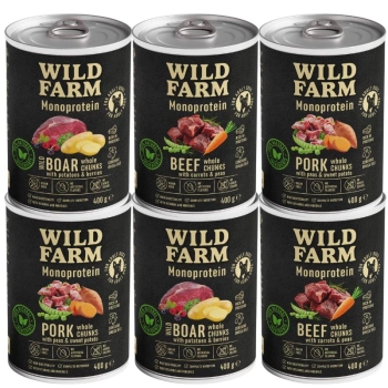 WILD FARM Monoproteínová zmes príchutí 6x400g hypoalergénne krmivo pre psov