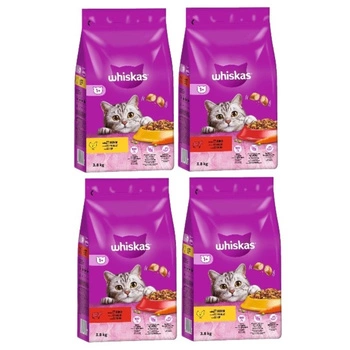 WHISKAS Adult 4x3,8 kg - kompletné suché krmivo pre dospelé mačky, mix príchutí