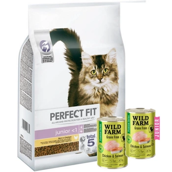 Perfect Fit™ - suché kompletné krmivo pre mačiatka do 1 roka, bohaté na kuracie mäso 7kg + WILD FARM Premium Grain Free Chicken and Salmon 2x400g