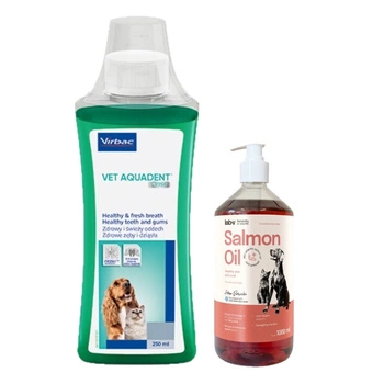 Virbac Vet Aquadent Fresh pre psy a mačky 250ml & Lososový olej Lab-V 1000 ml