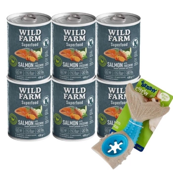Wild Farm Superfood Salmon 6x400g krmivo pre psov bez obilnín & Žuvacia hračka pre psov - kosť 18 cm (náhodný vzor)