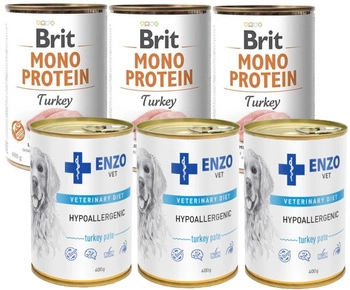 BRIT Mono Protein Turkey 3x400g & ENZO VET Hypoalergénne hypoalergénne krmivo s morkou pre psov 3x400g