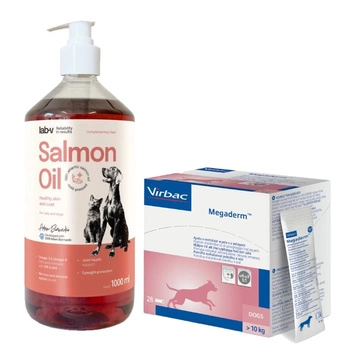 Virbac Megaderm 28x8 ml doplnok stravy pre psy 10-30 kg na kožné problémy & Lososový olej Lab-V 1000 ml