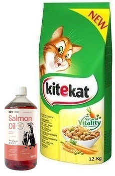 KITEKAT s kuracím mäsom a zeleninou 12 kg & LAB V Lososový olej pre psov a mačky 1000ml
