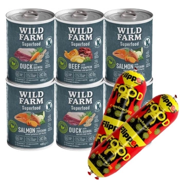 WILD FARM Superfood Mix Flavours 6x400g Krmivo pre psov bez obilnín & DOLINA NOTECI FLIPPER Klasické s hovädzím mäsom pre psov 2x900g