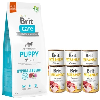 BRIT CARE Hypoallergenic Puppy Lamb 12kg & BRIT PATE & MEAT CHICKEN 6x400g