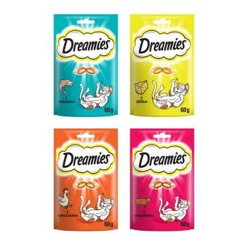 DREAMIES sada miešaných mačacích pochúťok 4x60g (kuracie mäso, losos, syr, hovädzie mäso)