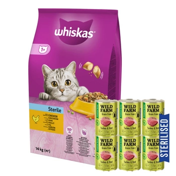 Whiskas Adult Sterile Chicken 14 kg + WILD FARM Premium Grain Free Turkey and Teleal 6x400g