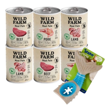 WILD FARM Pate Mix Flavors 6x400g bezlepkové krmivo pre psov & Žuvacia hračka pre psov - kosť 18 cm (náhodný vzor)