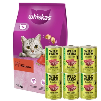 Whiskas Adult s hovädzím mäsom 14 kg + WILD FARM Premium Grain Free Beef and Duck 6x400g