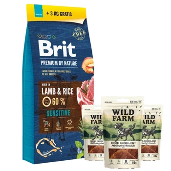 BRIT Premium By Nature Sensitive Lamb 15 kg + 3 kg & WILD FARM mäkké kuracie prsia 3x80g pochúťka pre psa