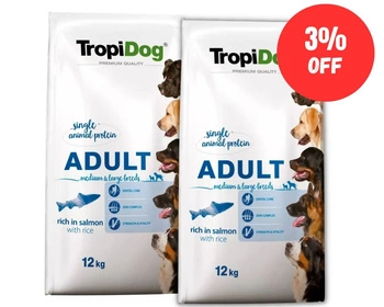 TropiDog Premium Adult MEDIUM & LARGE BREEDS - bohatý na lososa, s ryžou 2x12kg