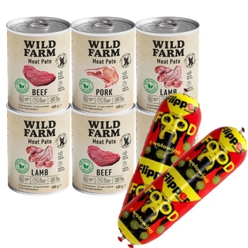 WILD FARM Pate Mix Flavors 6x400g bezlepkové krmivo pre psov & DOLINA NOTECI FLIPPER Klasické s hovädzím mäsom pre psov 2x900g