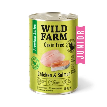 WILD FARM Prémiové kuracie a lososové krmivo bez obilnín 400 g - krmivo bez obilnín pre mačiatka