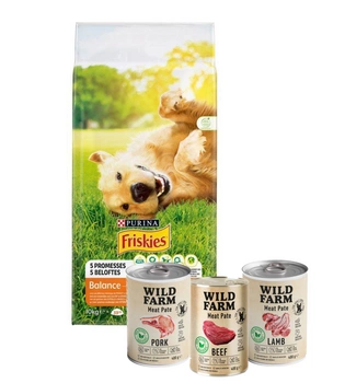 PURINA Friskies Balance 15kg + Wild Farm Pate 3x400g MIX