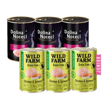 Dolina Noteci Premium Junior pre mačky s vysokým obsahom morčacieho mäsa 3x400g + WILD FARM Premium Grain Free Chicken and Salmon 3x400g